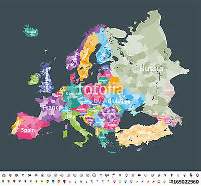 Európa térkép, amelyen a régiók határai vannak.  (többrészes kép) - vászonkép, falikép otthonra és irodába