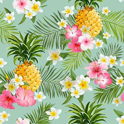 Trópusi virágok és ananászok háttér - Vintage Seamless Pa (keretezett kép) - vászonkép, falikép otthonra és irodába