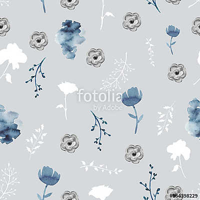 Seamless background pattern with twigs and flowers. Watercolor h (poszter) - vászonkép, falikép otthonra és irodába