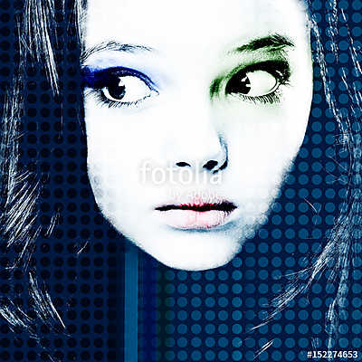 Portrait of a mysterious girl in a modern style pop art in blue shades. Computer design. Contemporary art. (poszter) - vászonkép, falikép otthonra és irodába