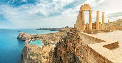 Lindoszi Akropolisz, tenger panorámával Róodosz szigetén (fotótapéta) - vászonkép, falikép otthonra és irodába