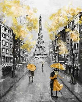 Sárga esernyők Párizsban, az Eiffel-toronynál (keretezett kép) - vászonkép, falikép otthonra és irodába