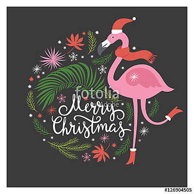 Karácsonyi illusztráció, rózsaszín flamingó (fotótapéta) - vászonkép, falikép otthonra és irodába