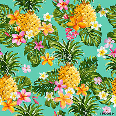 Ananászok és Trópusi Virágok Vintage (poszter) - vászonkép, falikép otthonra és irodába
