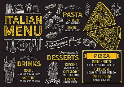 Pizza restaurant menu. Vector food flyer for bar and cafe. Desig (keretezett kép) - vászonkép, falikép otthonra és irodába