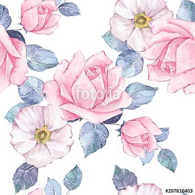 Delicate pink roses. Watercolor floral seamless pattern (keretezett kép) - vászonkép, falikép otthonra és irodába