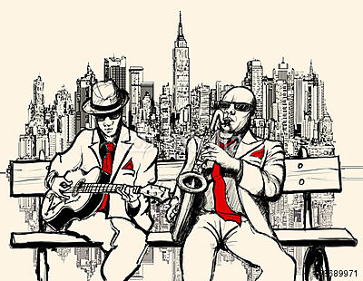 két jazzember New Yorkban játszik (keretezett kép) - vászonkép, falikép otthonra és irodába