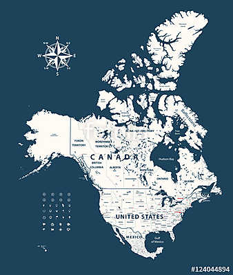Kanada, Egyesült Államok és Mexikó vektoros térkép államhatárokk (keretezett kép) - vászonkép, falikép otthonra és irodába
