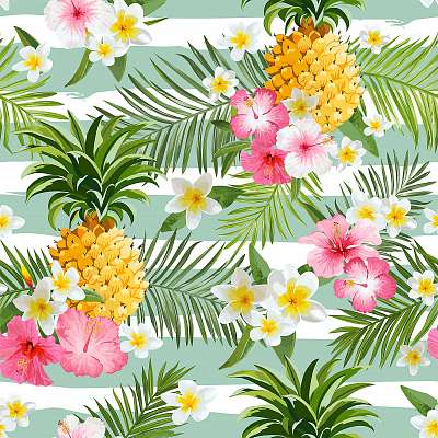 Ananászok és trópusi virágok Geometria háttér - Vintage Se (keretezett kép) - vászonkép, falikép otthonra és irodába