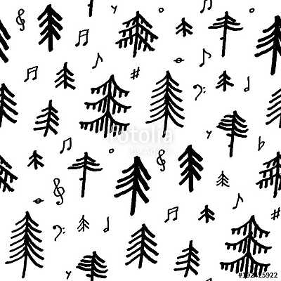 Composition with music note symbols and pine firs forest (poszter) - vászonkép, falikép otthonra és irodába