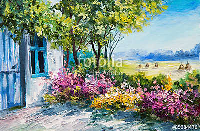 Tavaszi virágok ház udvarán (olajfestmény reprodukció) (poszter) - vászonkép, falikép otthonra és irodába