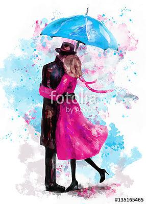 romantikus pár kék esernyő alatt. Csók. Az akvarell szép (többrészes kép) - vászonkép, falikép otthonra és irodába