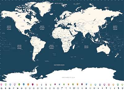 vektor nagy részletes világtérképet országokkal és óceánnal (vászonkép óra) - vászonkép, falikép otthonra és irodába