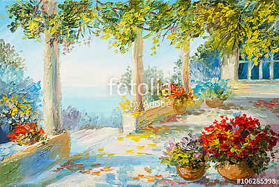 Virágok vázában tengerparti háznál (olajfestmény reprodukció) (fotótapéta) - vászonkép, falikép otthonra és irodába