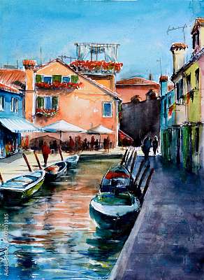 Velencei városkép, színes házakkal Burano-szigeten, vízfesték stílusban (bögre) - vászonkép, falikép otthonra és irodába