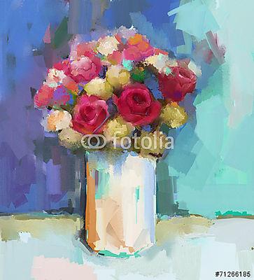 Váza gyönyörű absztrakt virágokkal (olajfestmény reprodukció) (fotótapéta) - vászonkép, falikép otthonra és irodába