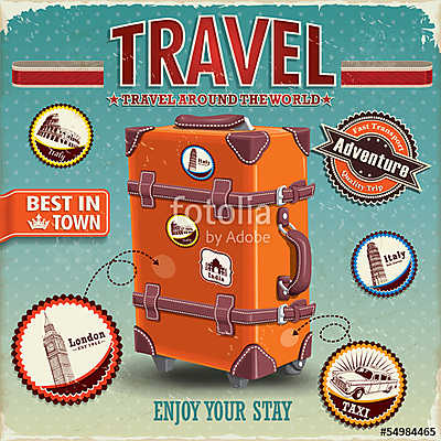 Vintage utazótáska-plakát címkével (keretezett kép) - vászonkép, falikép otthonra és irodába