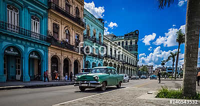 HDR - Kék Chevrolet klasszikus autó a Havana K főutcáján (vászonkép óra) - vászonkép, falikép otthonra és irodába
