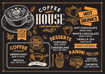 Coffee restaurant menu. Vector drink flyer for bar and cafe. Des (bögre) - vászonkép, falikép otthonra és irodába