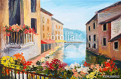 Mediterrán ház sok virággal Velencében (olajfestmény reprodukció) (poszter) - vászonkép, falikép otthonra és irodába