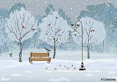 Birds in the winter snowy park (fotótapéta) - vászonkép, falikép otthonra és irodába