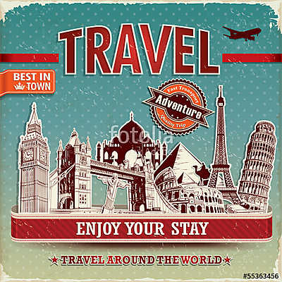 Vintage utazási plakát címkével és híres épületgel (poszter) - vászonkép, falikép otthonra és irodába