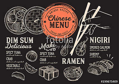 Japanese sushi restaurant menu. Vector chinese dim sum food flye (keretezett kép) - vászonkép, falikép otthonra és irodába