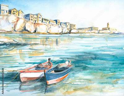 Mediterrán part, csónakokkal, vízfesték stílusban (többrészes kép) - vászonkép, falikép otthonra és irodába