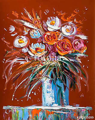 Absztrakt színes rózsák csokorban üveg vázában (olajfestmény reprodukció) (fotótapéta) - vászonkép, falikép otthonra és irodába