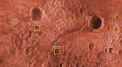 Preseverance és a Mars 2020 űrhajó alkatrészei a felszínen (színezett, feliratozott) (bögre) - vászonkép, falikép otthonra és irodába