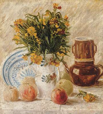 Váza virágokkal, kávéskannával és gyümölccsel (keretezett kép) - vászonkép, falikép otthonra és irodába