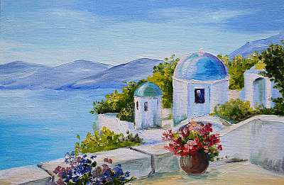 Santorini, ház a tenger közelében (olajfestmény reprodukció) (poszter) - vászonkép, falikép otthonra és irodába