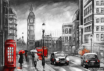 London utcái és a Big Ben. Fekete, piros színverzió (olajfestmény reprodukció) (keretezett kép) - vászonkép, falikép otthonra és irodába