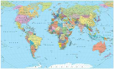 Színes világtérkép - határok, országok, utak és városok(!) (keretezett kép) - vászonkép, falikép otthonra és irodába