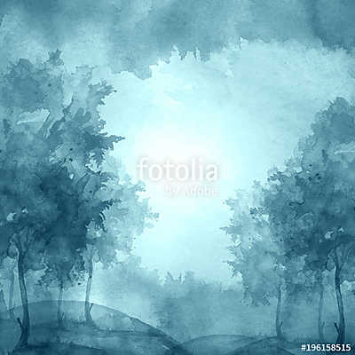 Watercolor banner, logo, postcard. blue silhouette of the forest (bögre) - vászonkép, falikép otthonra és irodába