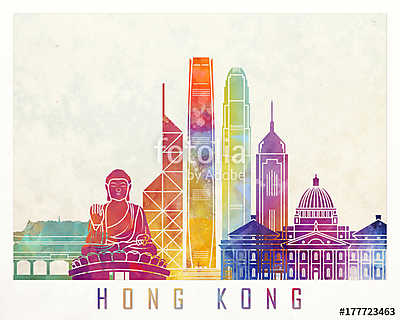 Hong Kong landmarks watercolor poster (többrészes kép) - vászonkép, falikép otthonra és irodába
