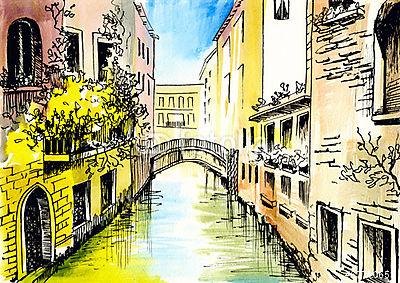 Híd épületek Velencében (keretezett kép) - vászonkép, falikép otthonra és irodába