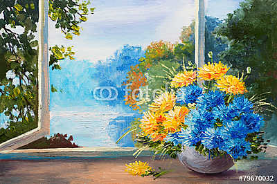Tavaszi virágcsokor egy asztalon az ablak mellett (olajfestmény reprodukció) (többrészes kép) - vászonkép, falikép otthonra és irodába