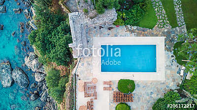 Aerial view at the pool and sea. Beautiful natural landscape at the summer time (poszter) - vászonkép, falikép otthonra és irodába