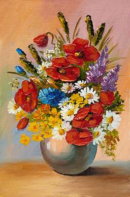 Tavaszi színes virágok kaspóban (olajfestmény reprodukció) (bögre) - vászonkép, falikép otthonra és irodába