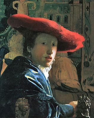 Nő piros kalapban (keretezett kép) - vászonkép, falikép otthonra és irodába