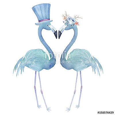 Két akvarell flamingó. Kézzel rajzolt illusztráció esküvőre, (bögre) - vászonkép, falikép otthonra és irodába