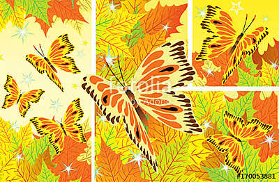 Őszi levelek pillangókkal (többrészes kép) - vászonkép, falikép otthonra és irodába
