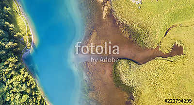 Aerial view at the lake and field. Beautiful natural landscape from air in the Switzerland. Landscape from drone (bögre) - vászonkép, falikép otthonra és irodába