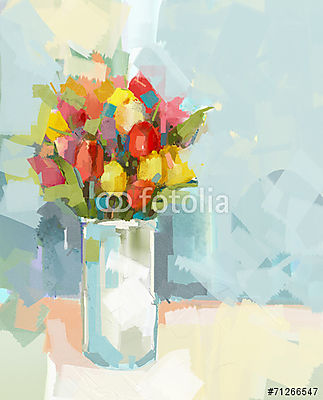 Színes absztrakt virágcsokor (olajfestmény reprodukció) (keretezett kép) - vászonkép, falikép otthonra és irodába