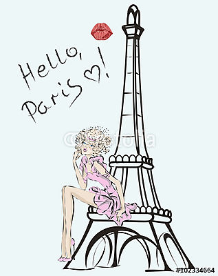 Hello, Párizs. Divat lány az Eiffel-torony közelében (többrészes kép) - vászonkép, falikép otthonra és irodába