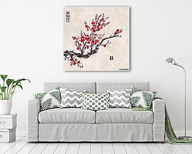 Oriental sakura cseresznyefa virágban vintage rizspapírral (vászonkép) - vászonkép, falikép otthonra és irodába