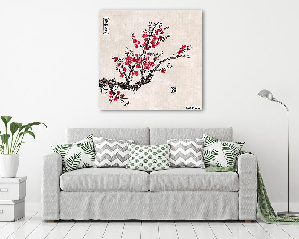Oriental sakura cseresznyefa virágban vintage rizspapírral (bögre) - vászonkép, falikép otthonra és irodába