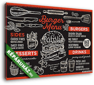Burger restaurant menu. Vector food flyer for bar and cafe. Desi - vászonkép 3D látványterv