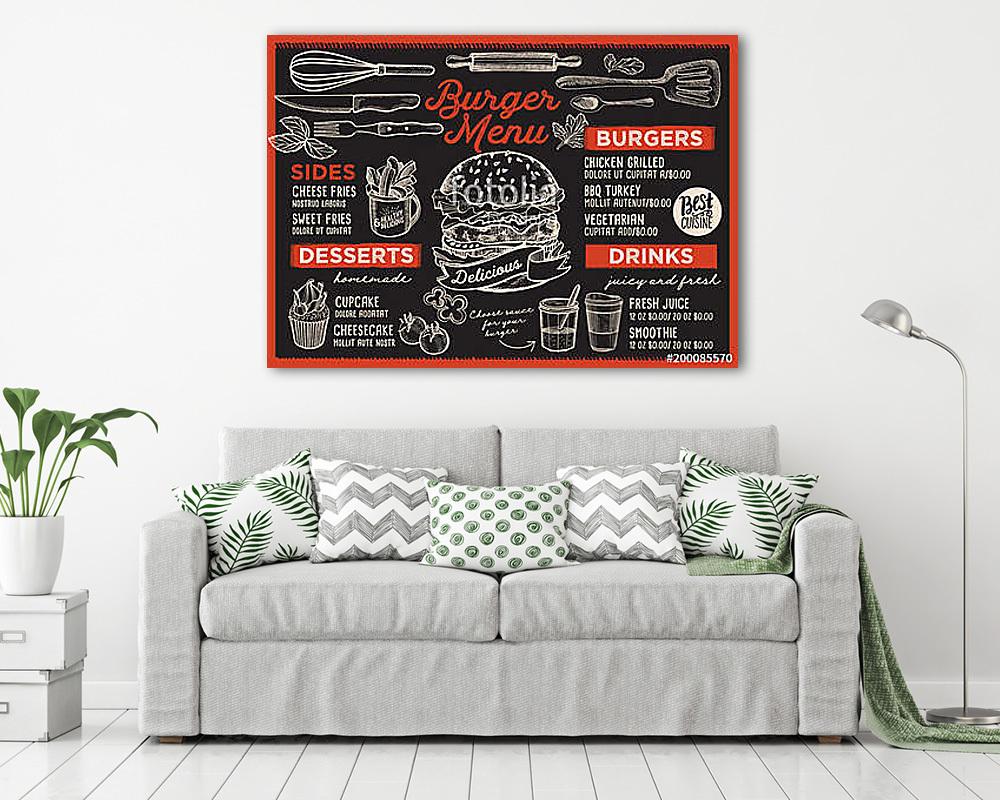 Burger restaurant menu. Vector food flyer for bar and cafe. Desi - vászonkép, falikép vásárlás Burger restaurant menu. Vector food flyer for bar and cafe. Desi (vászonkép) - vászonkép, falikép otthonra és irodába